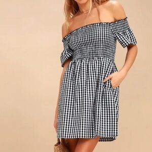 Lulus Plaid Black and White Gingham Off-the-Shoulder Dress
